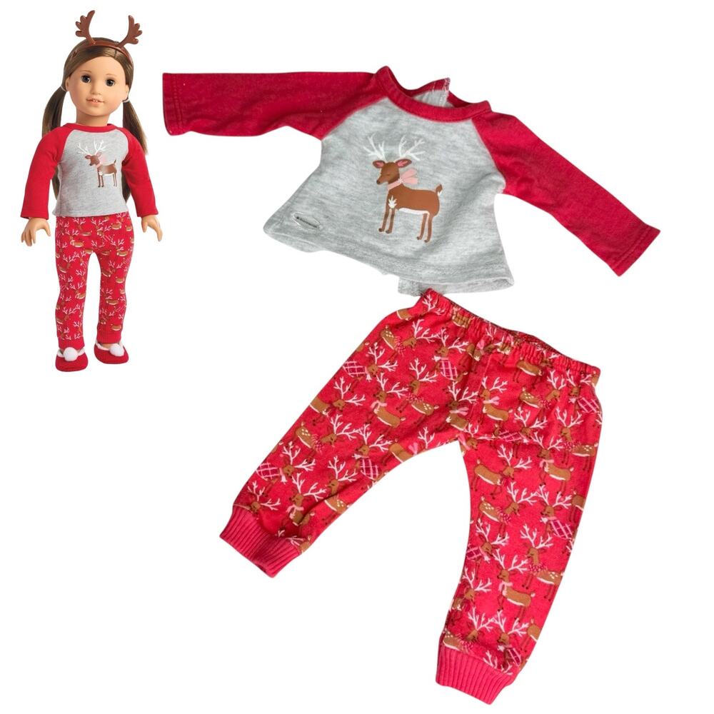American Girl Christmas Pajamas Top & Pants Festive Reindeer Pjs Clothes 2Pc Red